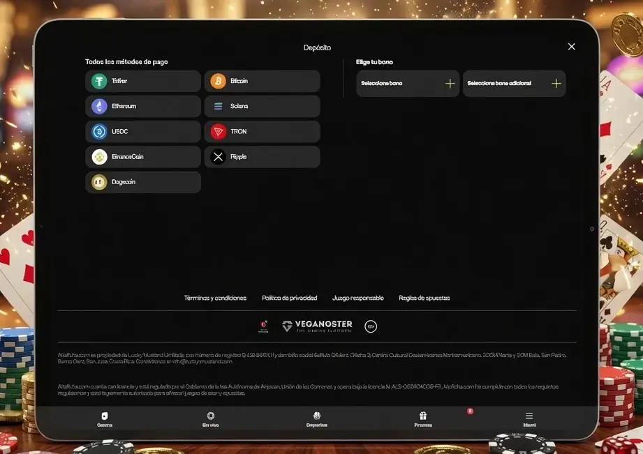 Tableta con un formulario de selección de moneda
